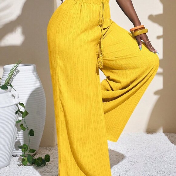 Yellow Casual Women's Full Length wide legging flowy Pants - Picture 5 of 9
